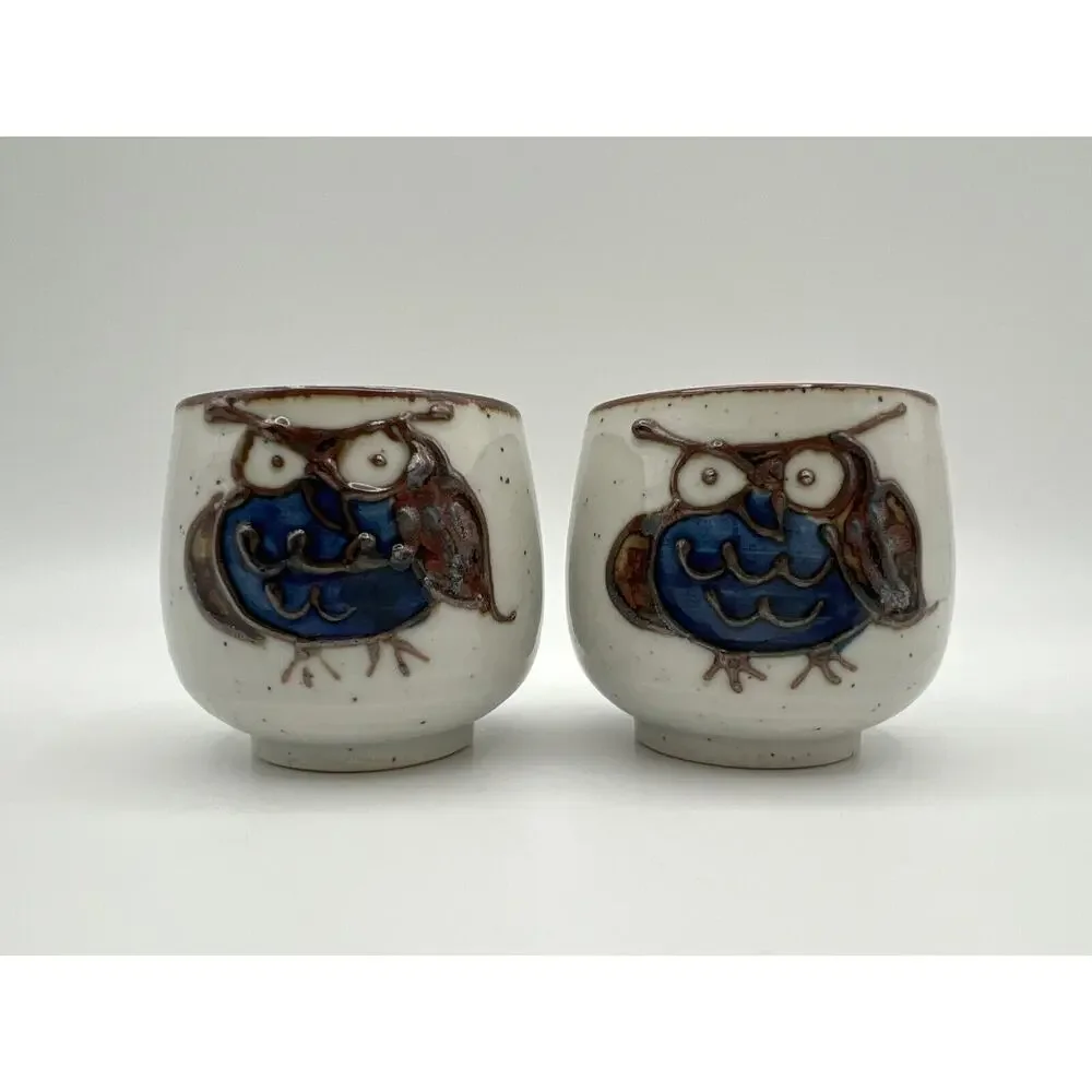 Glazed Pottery 4 oz. Owl Teacups Sake Cups Blue Brown & White Set of 2